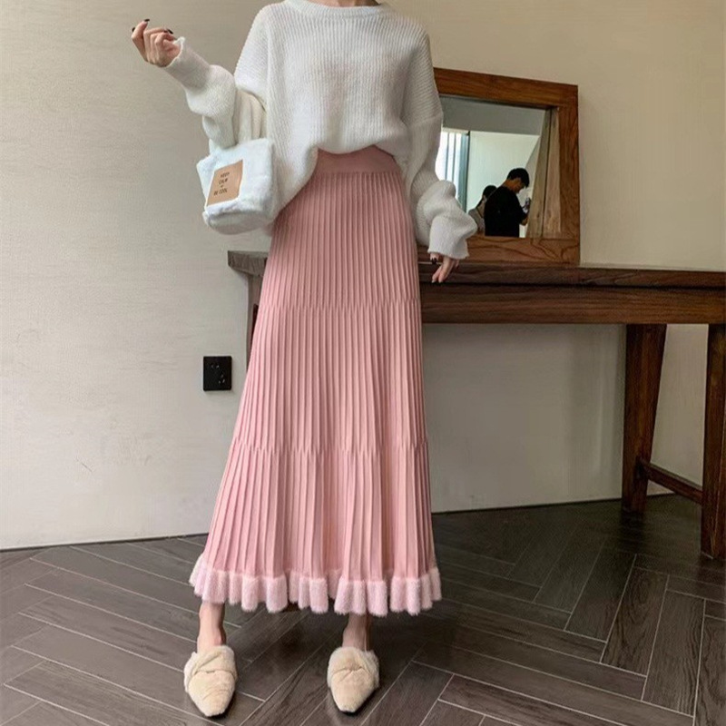 Elegant Mid-length High-waisted Flared A-line Skirt Winter Wool Knit Dress
