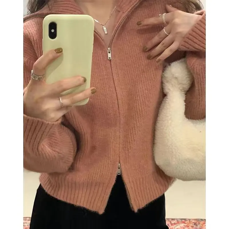 Sweater Small Cardigan Women's Short Preppy Style Stand Collar Zipper Sweater Spring And Autumn Thin Sweater - Coral Pink