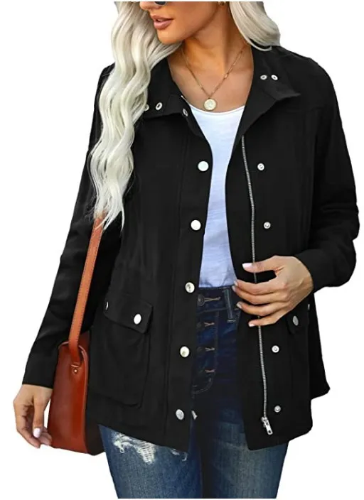 European And American Fashion Polo Collar Solid Color Cardigan Top Black - Shop at LoveMi