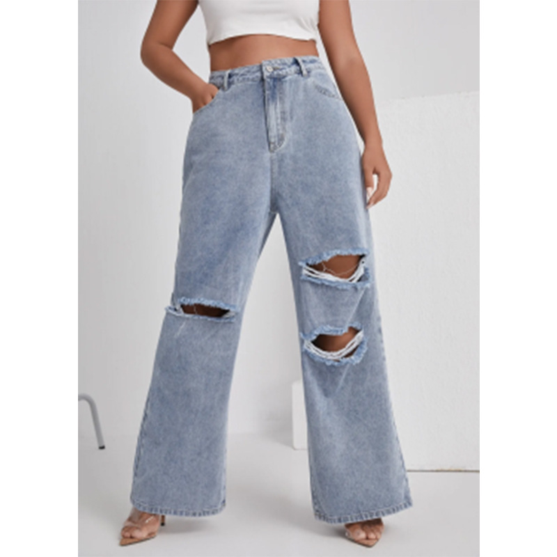 Women's Denim With Hole High Waist Straight leg Pants Blue - Shop at LoveMi