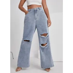 Women's Denim With Hole High Waist Straight-leg Pants - Light Blue - View 1