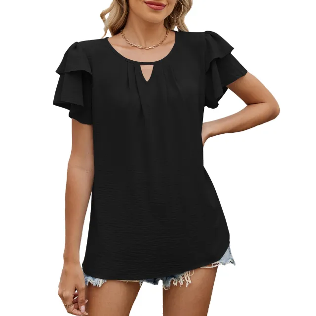 Solid Color And V neck Hollow out Double layer Sleeve Loose Chiffon T shirt Black - Shop at LoveMi