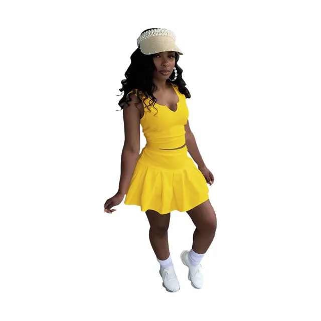 Solid Color And V neck Sleeveless Pleated Pants Skirt Tennis Skirt Suit Yellow - Shop at LoveMi