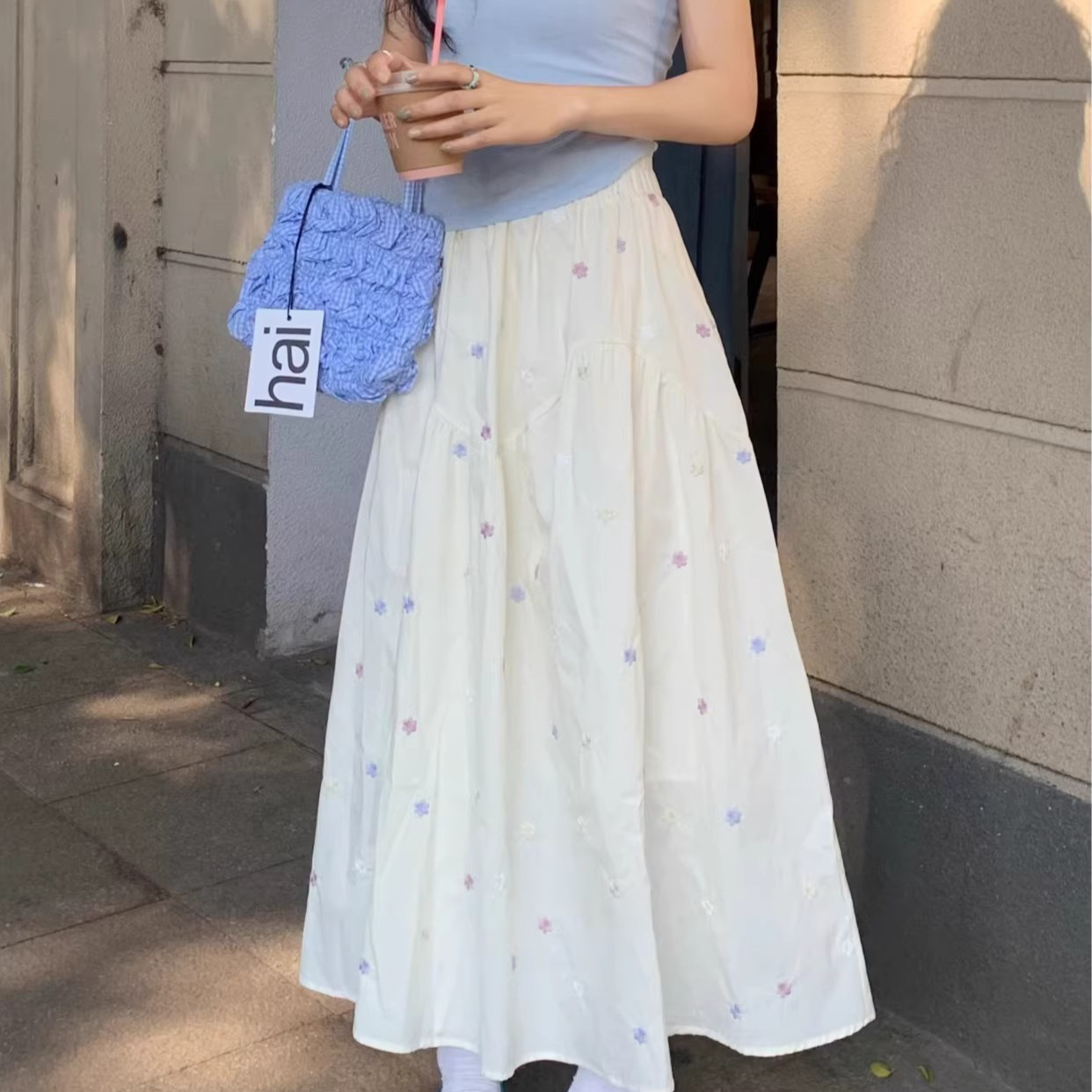 Sweet First-love Style Gentle Puffy Umbrella Skirt With A Print