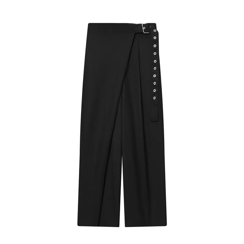 Temperament Women's Clothing Wrap Design Blended Pants - Black