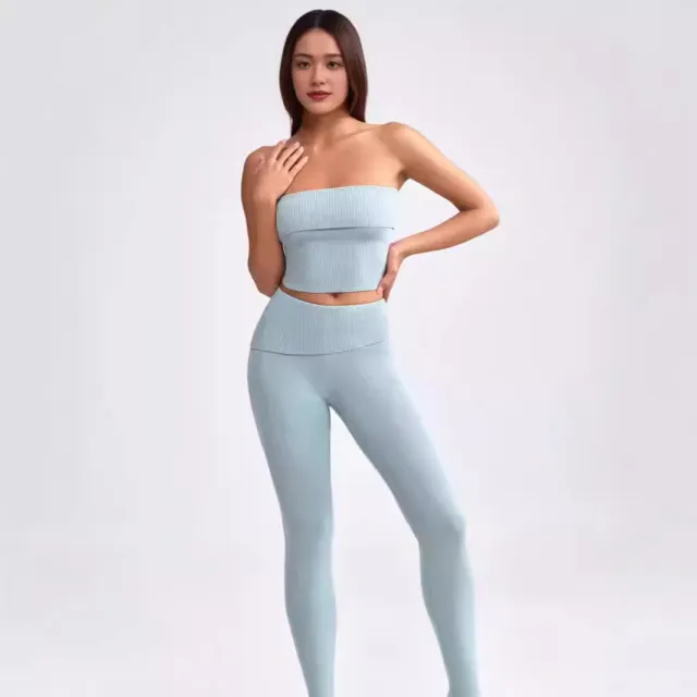 New Women's Tube Top Bell bottom Pants Yoga Clothes Two piece Set Light Blue - Shop at LoveMi