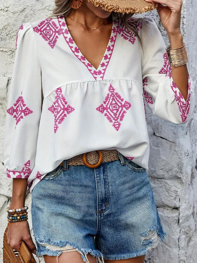 Fashion Printed Bags Three quarter Sleeve V neck Women's Blouse White Background Pink - Shop at LoveMi