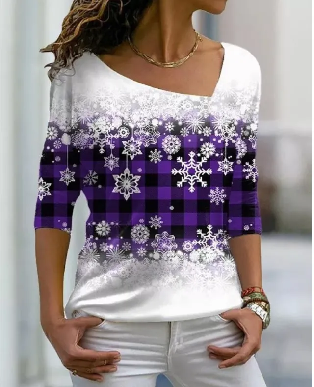 Christmas Element Printed Long Sleeve Diagonal Collar Pullover Women's T shirt Purple - Shop at LoveMi