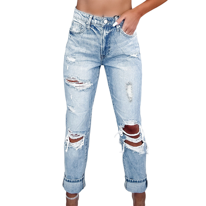 Retro Tattered Straight High Waist Skinny Jeans Lc7874095 Sky Blue - Shop at LoveMi
