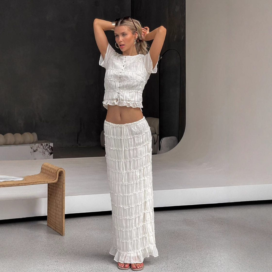 Ruffle-edged Chiffon Pleated Maxi Dress Two-piece Set