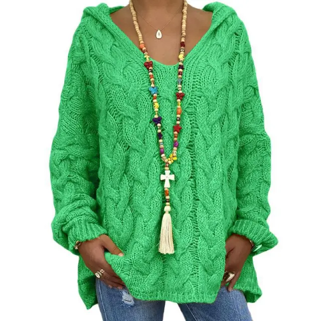 Solid Color Twist Knitted Hoodie Sweater For Women Green - Shop at LoveMi