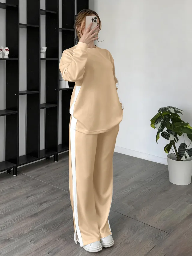 European And American Fashion Casual Exercise Contrast Color Suit Apricot - Shop at LoveMi