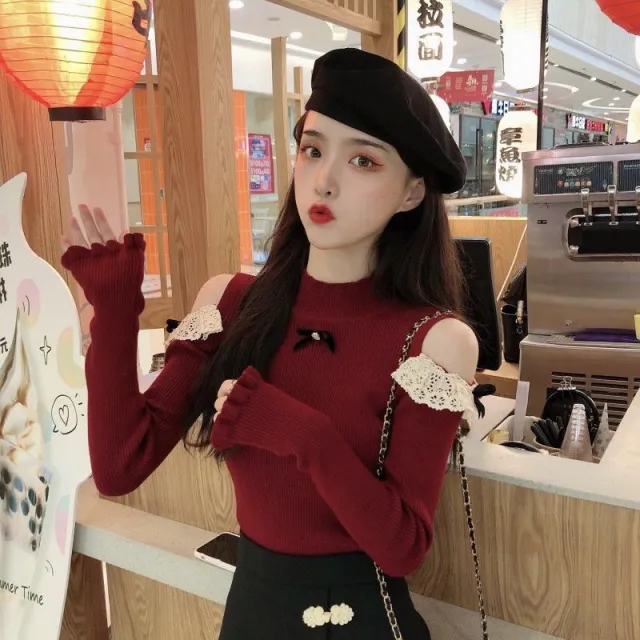 Women's Lace Stitching Hollow out Short Long sleeved Sweater Wine Red - Shop at LoveMi