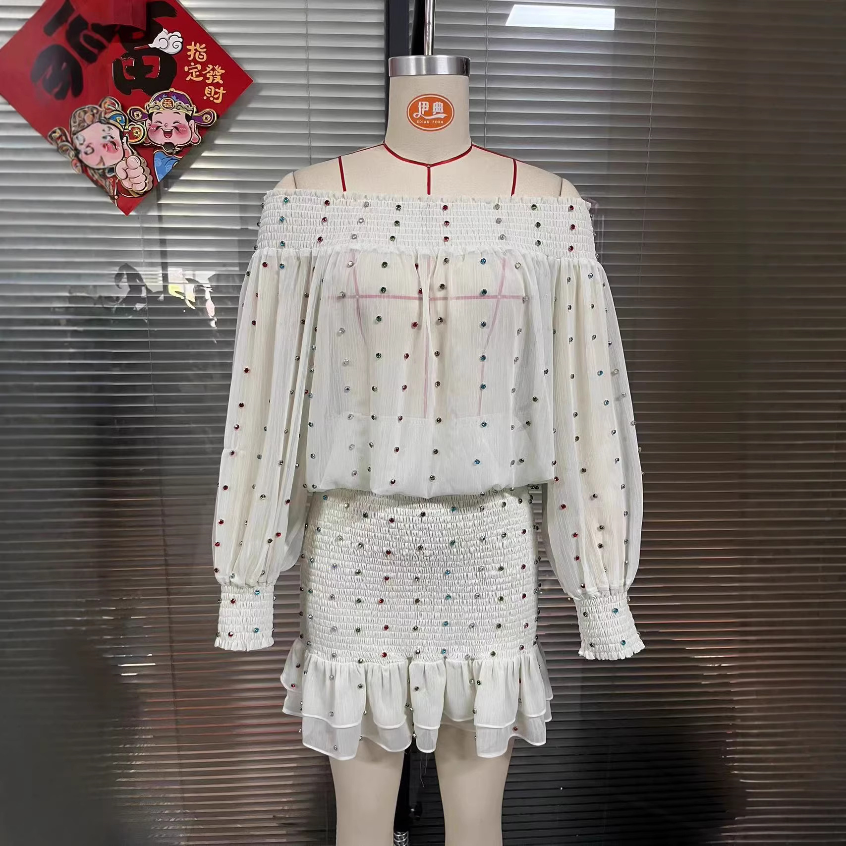 French style Colored Diamond Mesh Ribbon Shirt Dress Red - Shop at LoveMi