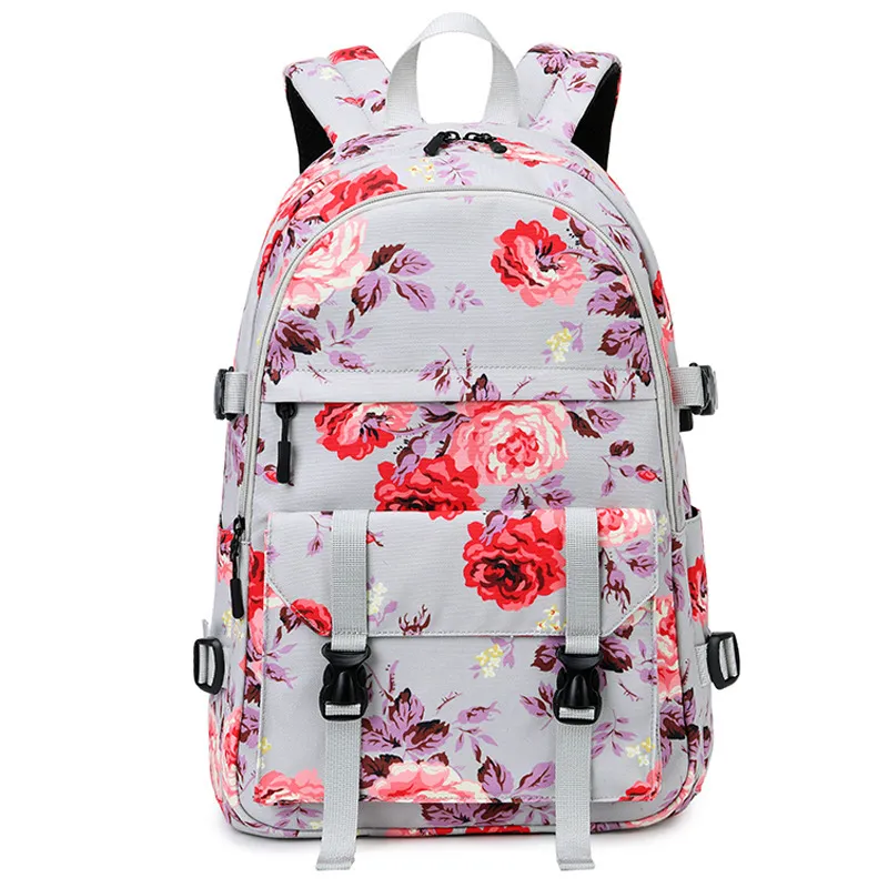 Women's Fashion Thermal Transfer Flower Multi-functional Backpack - Gray