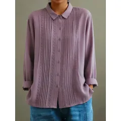 Womens Cotton-Linen Long-Sleeve Loose Shirt With Lace Trim - Red - View 1