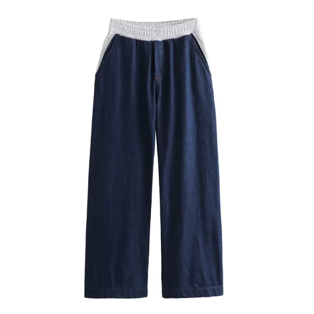 Denim Patchwork Sweater Elastic Waist Multicolor Hoodie Trousers Suit Blue Pants - Shop at LoveMi