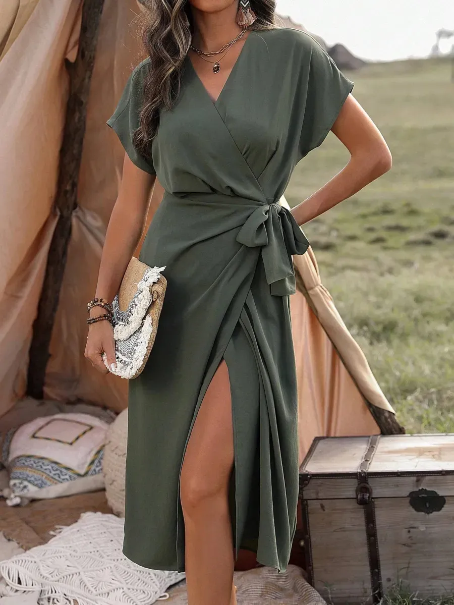 Commuting Fashion Forged Split Women's Solid Color Wrap Suspender Dress - Army Green