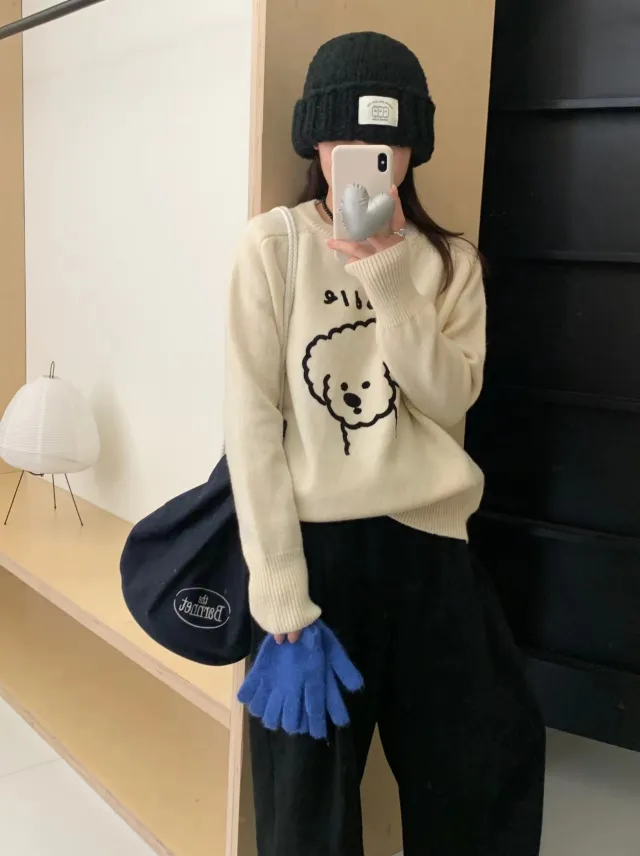 Cute Cartoon Puppy Embroidered Sweater For Women White - Shop at LoveMi