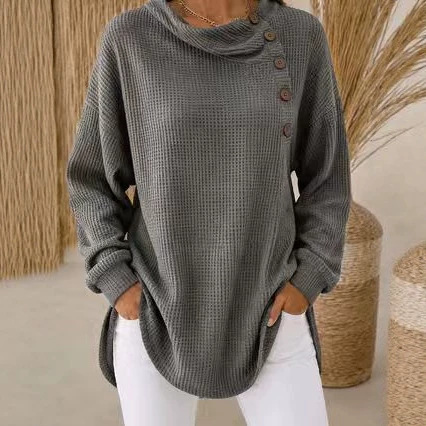 Womens Solid-Color Waffle-Weave Long-Sleeve Button-Up Casual Shirt Comfortable Top