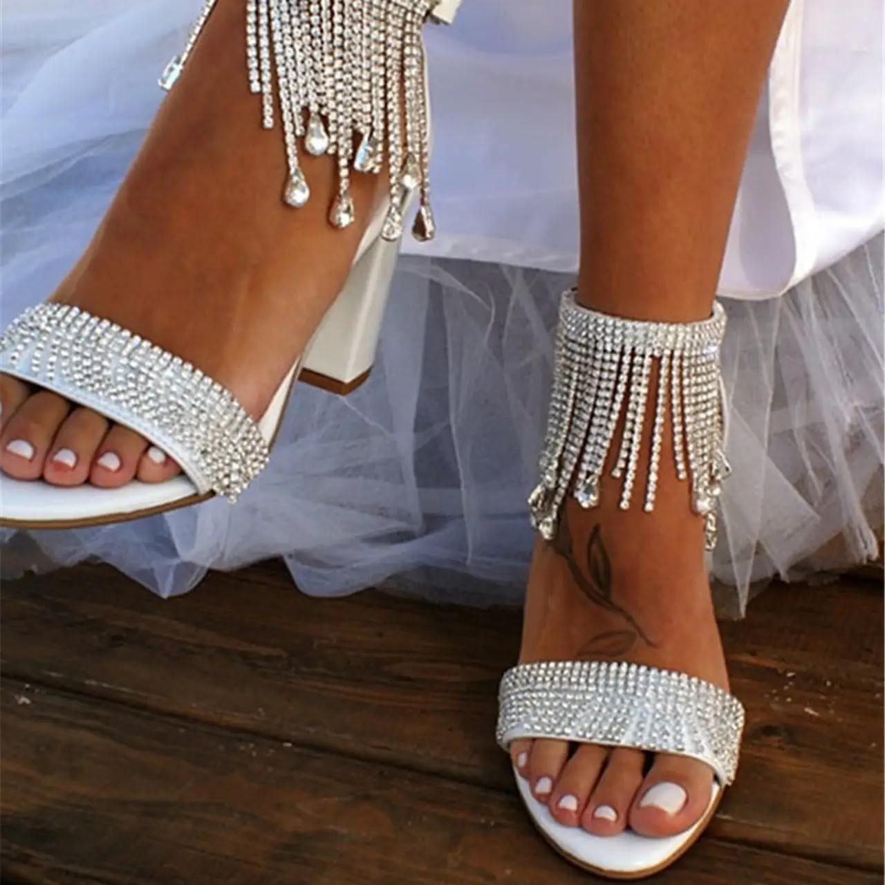 Womens Rhinestone-embellished Chain Strap Chunky Heel Sandals