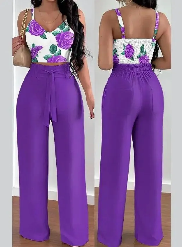 Women's Solid Color Slim Elastic Pleated Two Piece Suit Sexy Spaghetti Strap V neck Backless Vest High Waist Wide Leg Pants Suit Purple - Shop at LoveMi