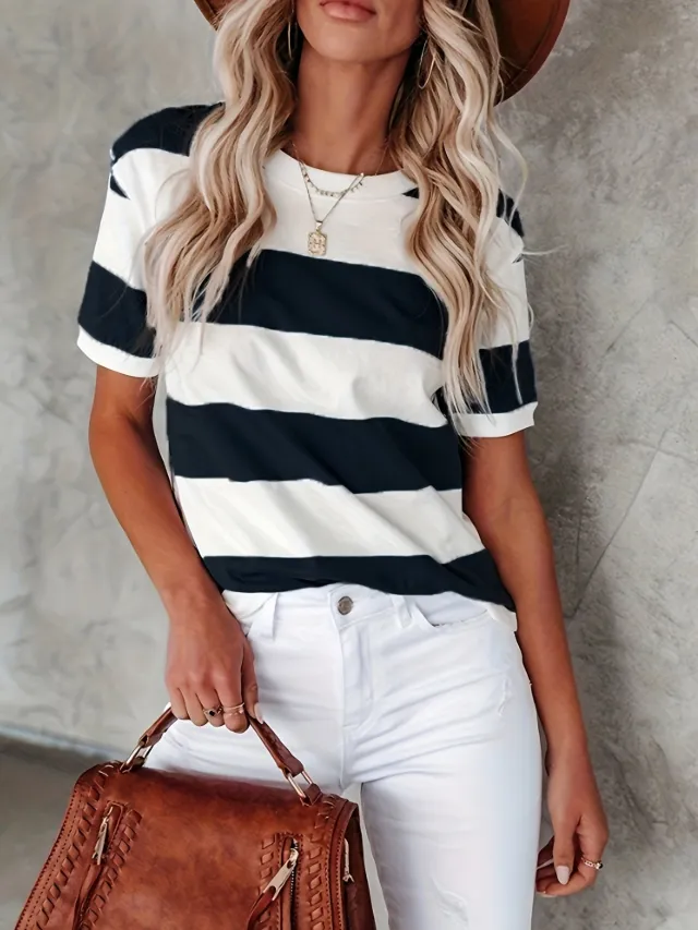 Summer Women's Fashion Striped Printed Short Sleeve Casual T shirt Black - Shop at LoveMi