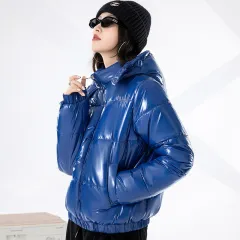 Glossy Hooded Cotton-padded Coat Short Winter Women's Coat Coat Bread Coat Cotton-padded Coat - Blue - View 1