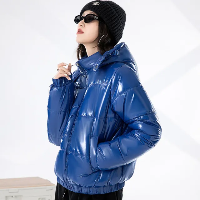 Glossy Hooded Cotton padded Coat Short Winter Women's Coat Coat Bread Coat Cotton padded Coat Blue - Shop at LoveMi