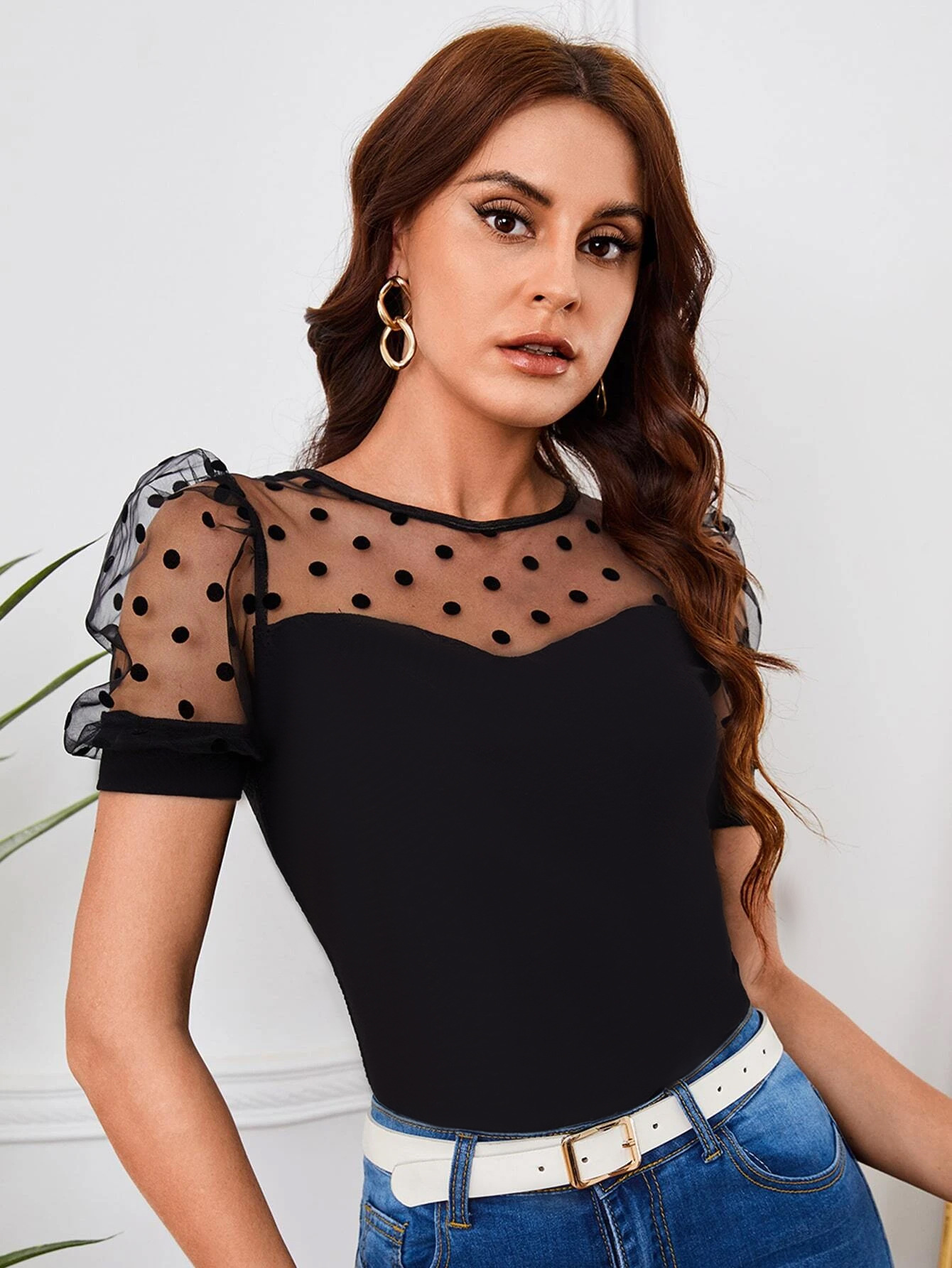 Women's Mesh Polka Dot Stitching Short Sleeve