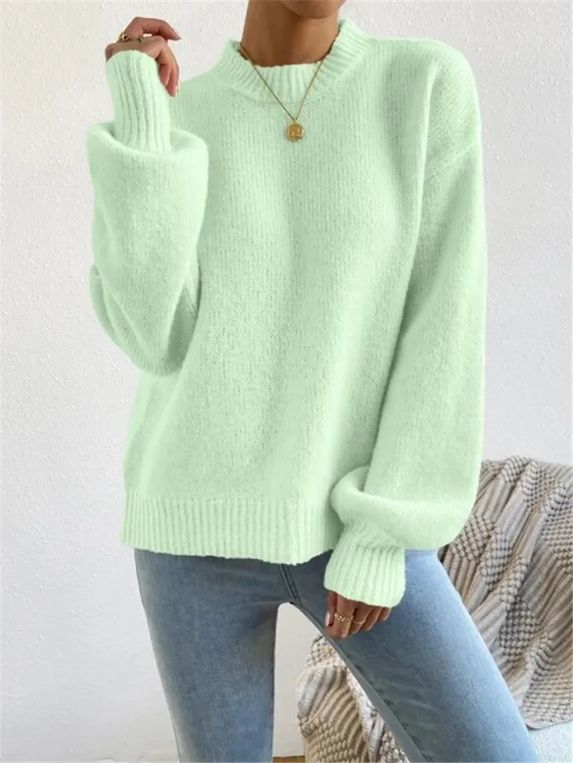 Half Turtleneck Solid Color Long Sleeve Knitted Warm Sweater Mint Green - Shop at LoveMi