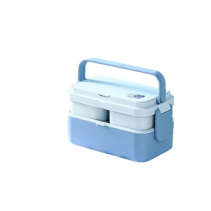 Bamboo Fiber Blue Double-layer 3-in-1 Lunch Box, Heatable Japanese Bento Box