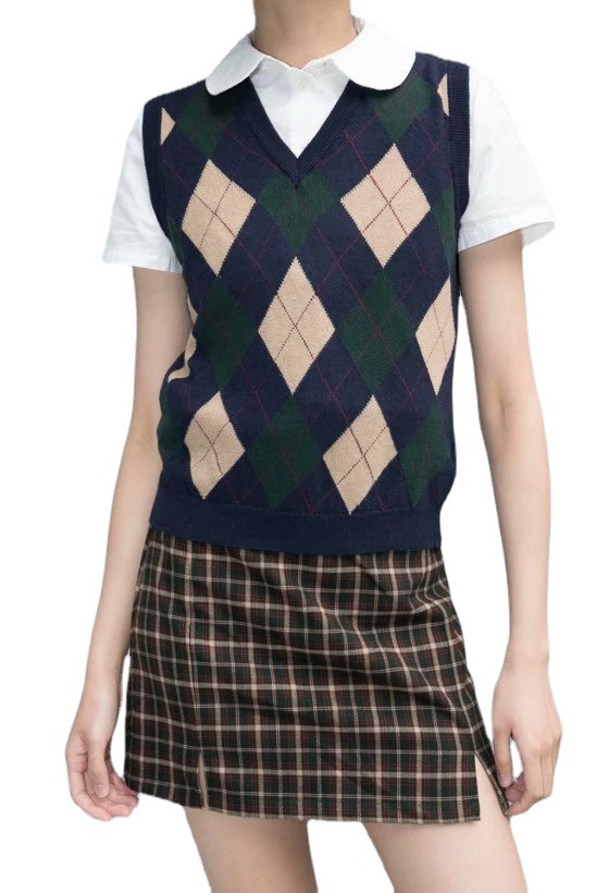 Retro Preppy Style Versatile Diamond-Check BM Knitted Vest