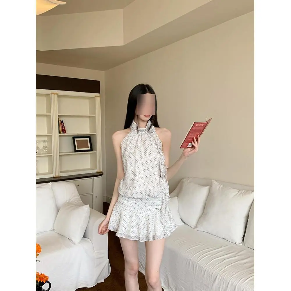 Japanese Sweet And Spicy White Polka Dot Sleeveless Halter Dress - White