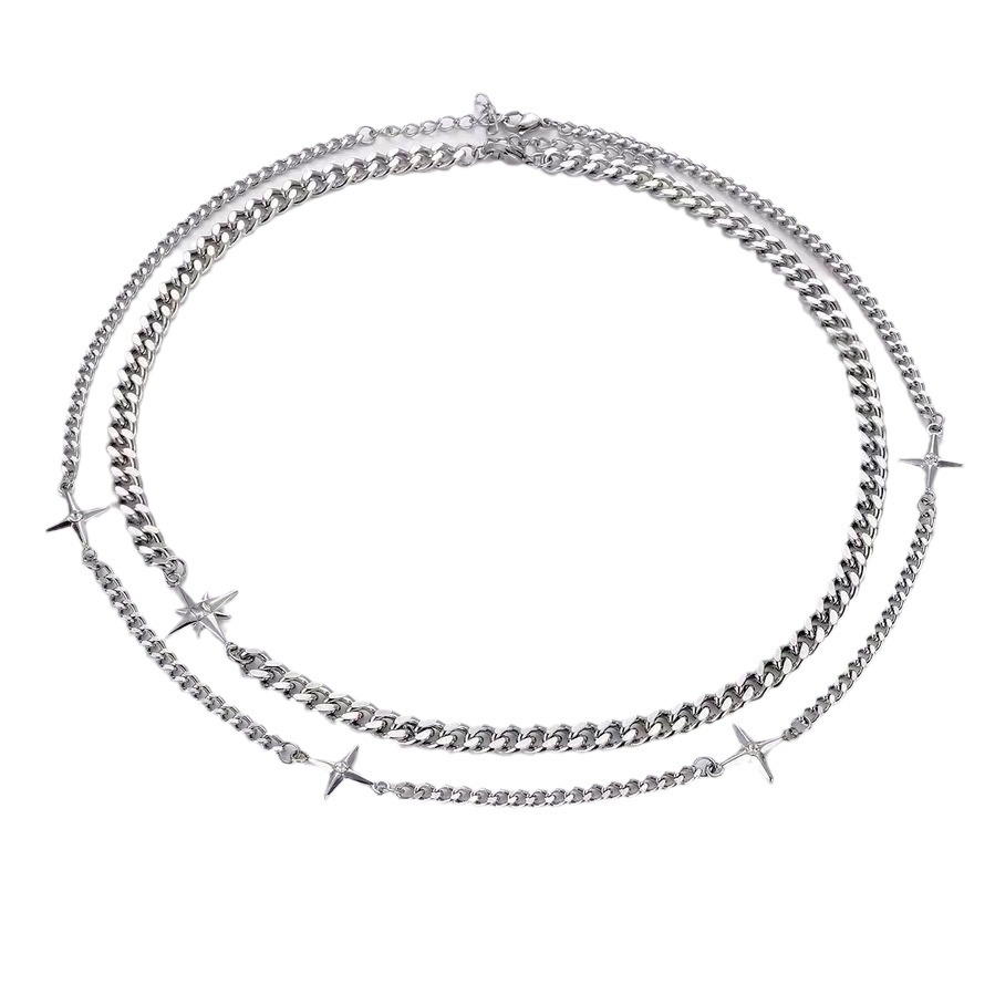 Special-interest Design Double Layer Twin Asterism Stitching Cuban Link Chain Titanium Steel Necklace For Men And Women