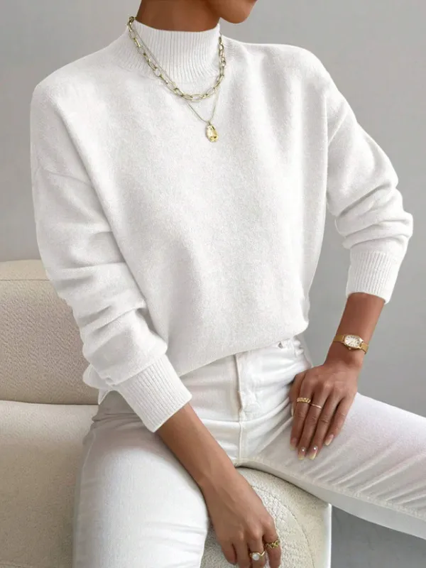 Autumn And Winter Half high Collar Pullover Women's Fashion Solid Color Loose Knitted Top White - Shop at LoveMi