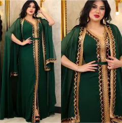 Middle East Muslim Women's Wear Sequined Gown Suit Dress Cape Robe - 2153 Green - View 1
