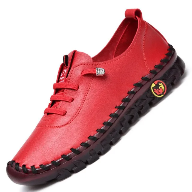 Handmade Stitching PU Leather Mom Shoes Casual Shoes Wear resistant Flat Pumps Red - Shop at LoveMi