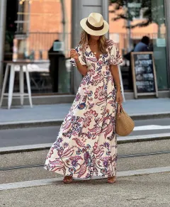 V-neck Waist Trimming Printing Ruffled Short Sleeves Dress - Colour - View 1