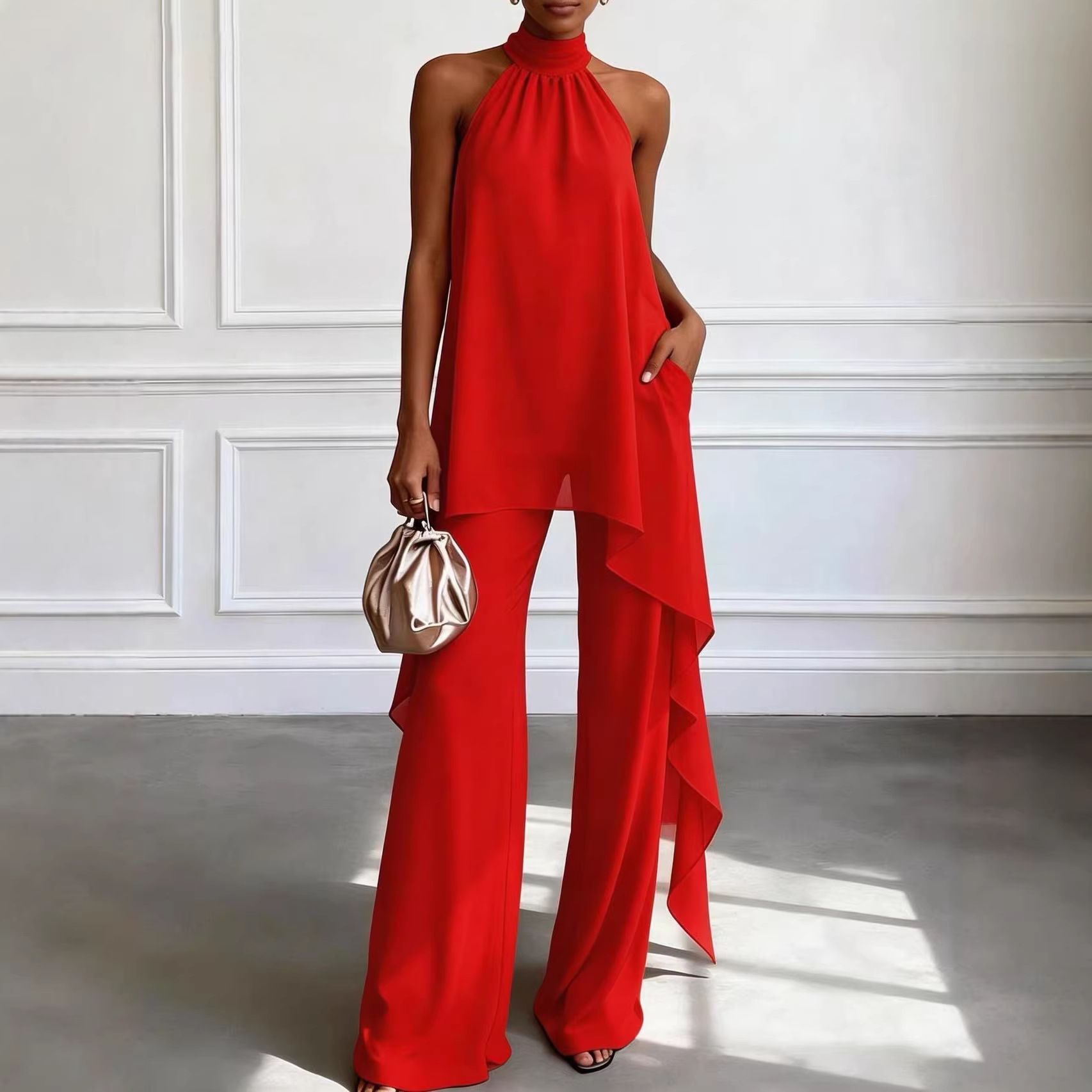 Womens Backless Sleeveless Irregular Top And Pants Two-Piece Set