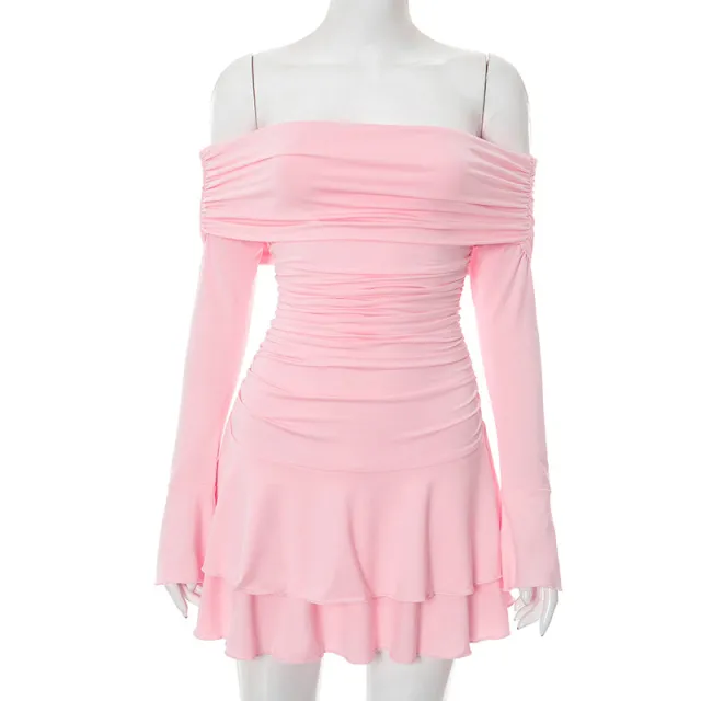 European And American Solid Color Off neck Pleated Ruffled Long Sleeve Sexy Jumpsuit Skirt Pink - Shop at LoveMi