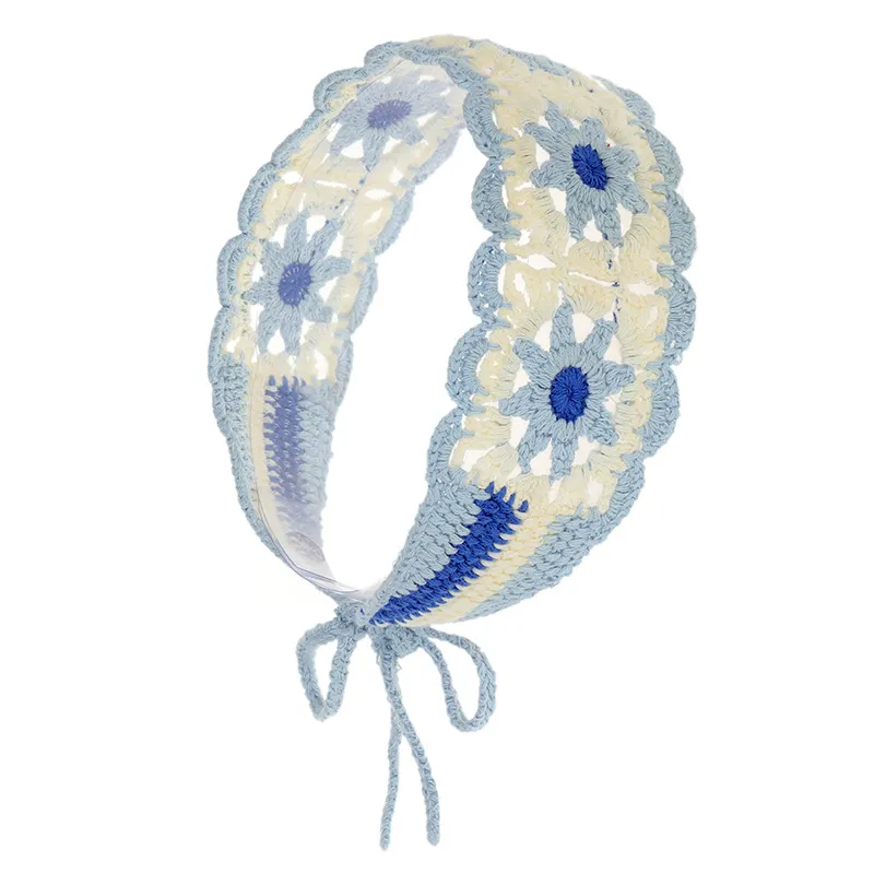 Summer Wide-brimmed Hollow Knitted Headcloth Hair Band - Blue Flowers