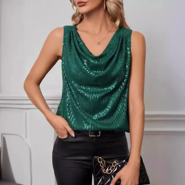 Sexy V neck Strapless Loose fit Sequin Tank Top Green - Shop at LoveMi