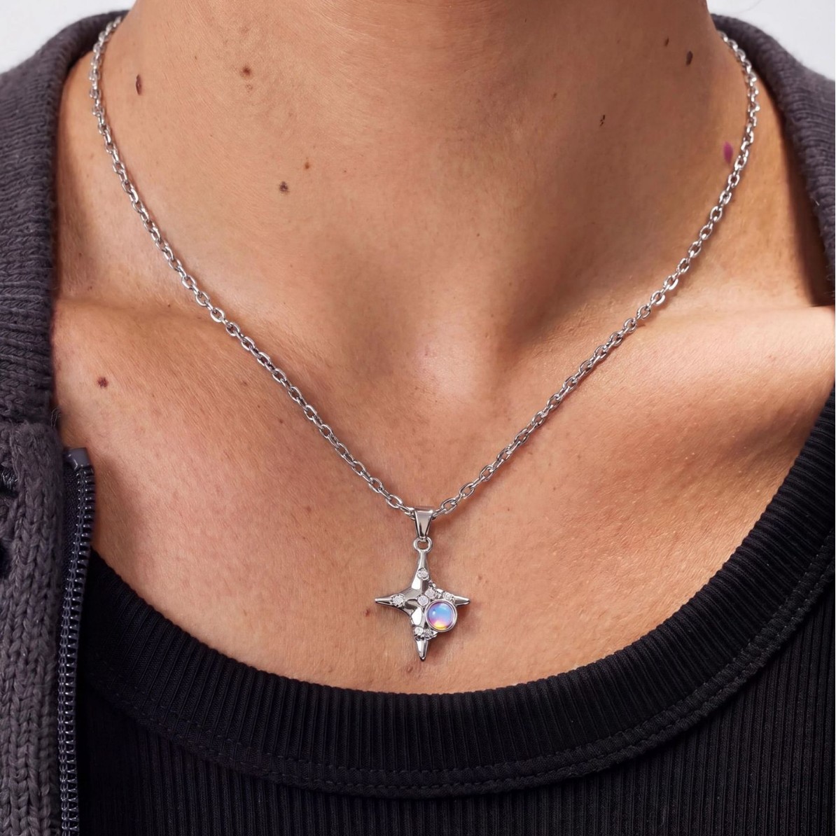 Titanium Steel Silver Starburst Pendant Necklace