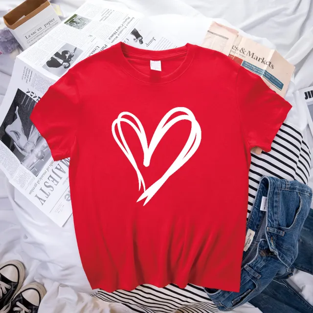 Simple Double Love Pattern Printed Loose Short Sleeve Red - Shop at LoveMi