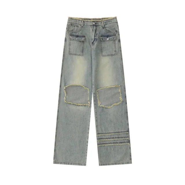 American style Retro Straight Knee exposed White Fashion Brand Ripped Jeans For Women Blue - Shop at LoveMi