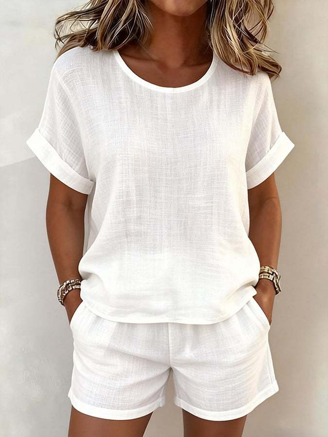 Solid-Color T-Shirt & Shorts Two-Piece Set in White – front view showing matching top and shorts