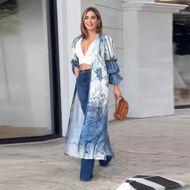 Fashion Casual Blue Printed Long Shirt Blue - Shop at LoveMi