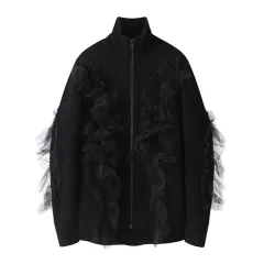 Autumn And Winter Women's Mesh Patchwork Stand-up Collar Knitted Cardigan Jacket - Black - View 1
