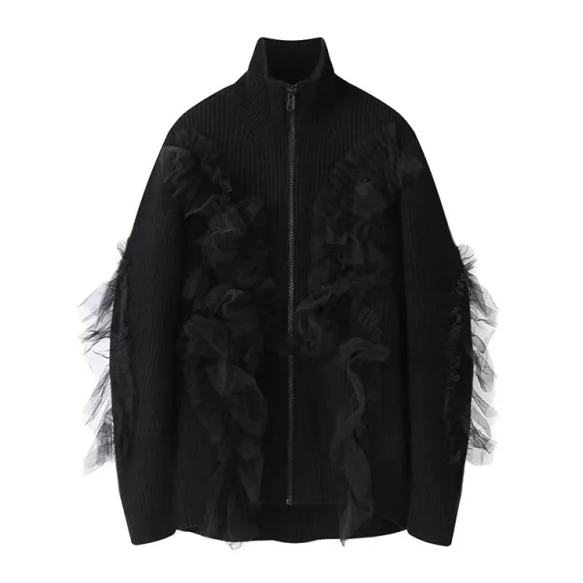 Autumn And Winter Women's Mesh Patchwork Stand up Collar Knitted Cardigan Jacket Black - Shop at LoveMi
